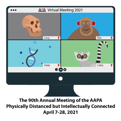 Drawing of a video conference with a fossil hominid skull named Lucy, a chimpanzee named Pan, a double helix named Helix, and a lemur named Catta